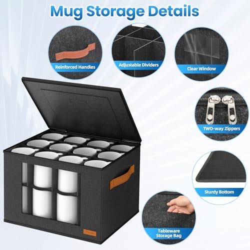 Cup and Mug Storage Box with 24 Dividers, Dark Gray, 2-Layer