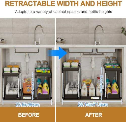 Expandable Under Sink Organizer: 2 Tier Height Adjustable