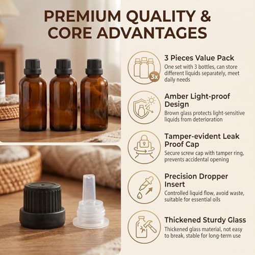 erioctry 3PCS 100ml/3.4oz Empty Amber Glass Bottle with Orifice Reducer and Black Cap for Essential Oils Aromatherapy Cosmetic Storage - Image 3