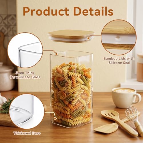 2PCS Glass Storage Containers with Lids, Airtight Pantry Storage Containers Glass Jars Kitchen Canisters, Flour Sugar Coffee Food Storage Dishwasher Safe (1.16Qt*1/2.11Qt*1)