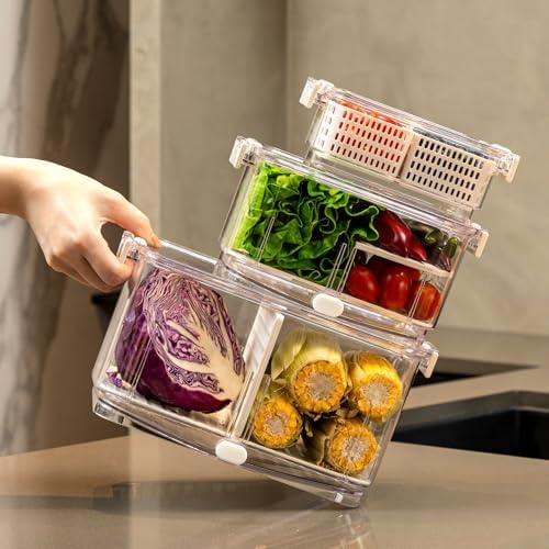 Duo Fresh Produce Saver for Fridge, Fruit Vegetable Container with Vent & Drainage in Bottom for Wash, Colander Strainer Storage Bin for Refrigerator, Berry Lettuce Keeper