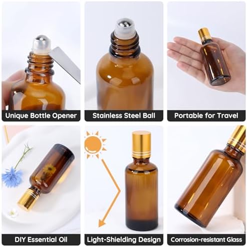 Segbeauty 1.7oz Thick Glass Amber Roller Bottles for Essential Oils, 5pcs Travel Roll On Perfume Bottles, 50ml Refillable Roller Ball Applicator for Eye Essence, Empty Rollerball Bottle for Castor Oil - Image 2