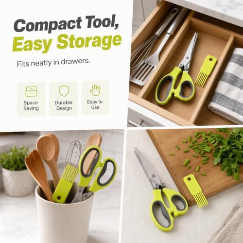 Multipurpose 5 Blade Herb Scissors with Cleaning Comb,Kitchen Herb Shears Herb Cutter with Cover and Cleaning Comb for Chopping Basil Chive Parsley Cool Kitchen Gadgets，Green-2pc