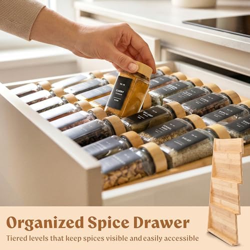 Bamboo Spice Drawer Organizer, Expandable 4 Tier Spice Rack