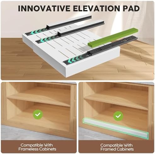 2 Pack Pull Out Cabinet Organizers 21"Deep with Raising Pad for Framed Cabinets,Expandable Slide Out Drawers Upgrade 3 Slide Rails,Roll Out Shelves Adhesive,Adjustable Width 12"-20.45" White