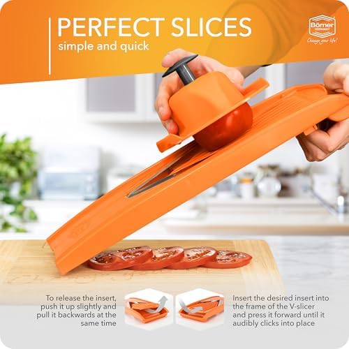 Mandoline Food Slicer V1 (Starter Set) by Reston Lloyd • V-Slicer with 3 Blade Inserts & Food Holder • Made in Germany • Fruit & Vegetable Chopper • Multiple Settings • Color: Orange