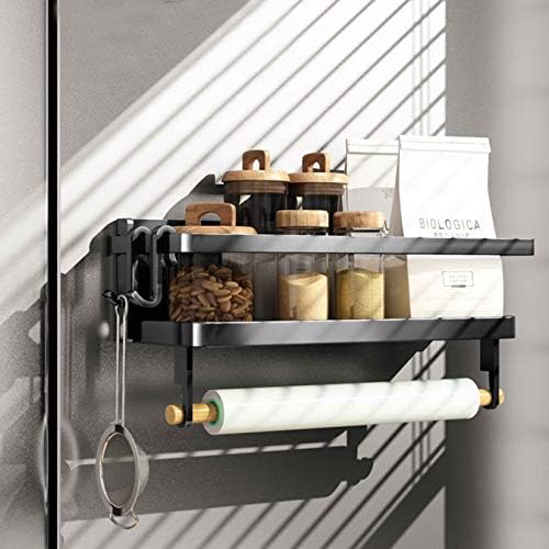 Magnetic Fridge Spice Rack- Space Saving Organizer Black Shelf on Refrigerator, Kitchen Paper Towel Holder, Foldable Design (Black-Small)