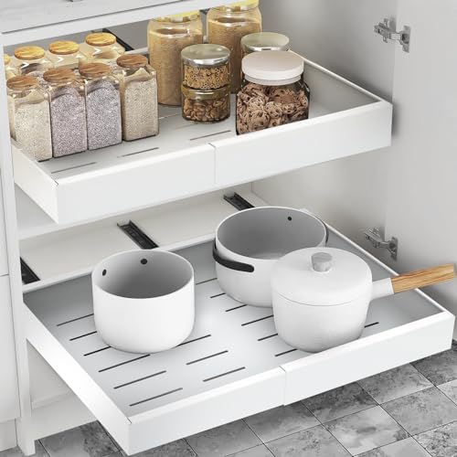 Expandable Pull Out Drawers for Cabinets(White): Kitchen and Pantry Organizer, Sliding Cabinet Organizer with Adhesive, Under Sink and Pots Storage, Depth 16.5". expandable pull out cabinet organizer