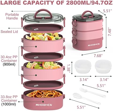 Lunch Box, Stackable 3 Layers Containers, Portable 94OZ Large Capacity Leakproof Bento Box with Spoon & Fork & Sauce Boxes, Microwave Safe Lunch Box for Kids and Adults