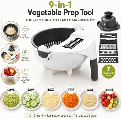 9-in-1 Vegetable Chopper with Drain Basket, Multifunction Food Cutter Slicer Dicer Grater with Interchangeable Blades and Container for Onion, Potato, Cucumber, Fruit and Meal Prep (1Pcs) - Image 2
