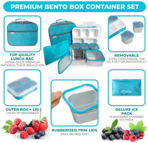 Stainless Steel Kids Bento Lunch Box with Insulated Bag & Ice Pack for Toddler Daycare, Kids or Adults, Leak Proof School Meal Container, Snack Food Containers, 5 Compartment Snackle-box 34 Oz Blue