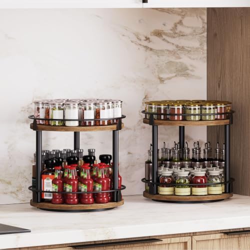 Spice Rack, Set of 2 Lazy Susan Organizer, 2-Tier Turntable Organizer, Rotating Spice Rack Organizer For Cabinet, Compact and Versatile, for Kitchen Countertop, Rustic Brown SR22L2BR