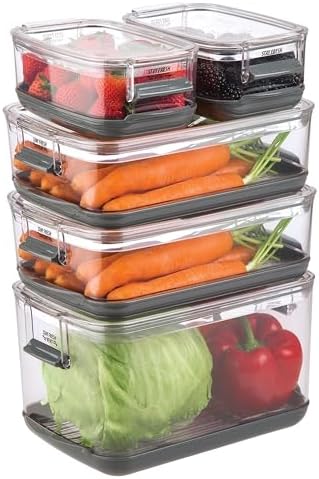 International Prepworks ProKeeper Food Fresh Produce Storage Container Set, 5- Piece, Clear Containers with Gray Sealed Tight Lids