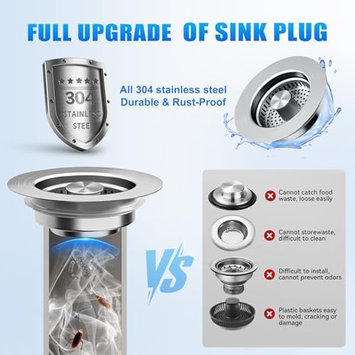 Kitchen Sink Drain Strainer 3-in-1,Pop-Up Stopper & Anti-Clogging Basket - 304 Stainless Steel Sink Strainer Anti-Clogging Sink Drain Strainer for US Standard Kitchen Drain