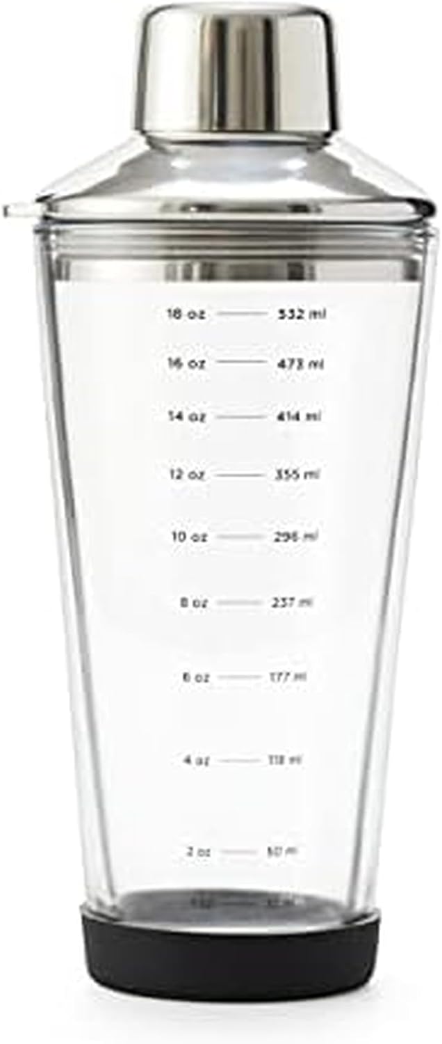 18 oz Glass Cocktail Shaker with Printed Measurements, Multi-Use Stainless Steel Topper with 1.5 oz Jigger Cap and Strainer, 3.94 x 3.54 x 9.06 IN