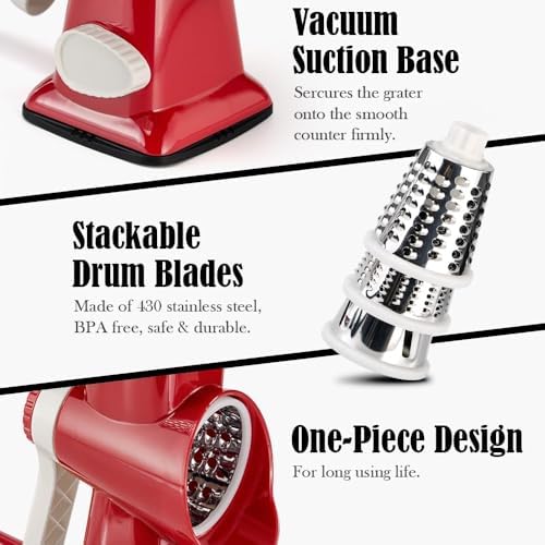 Badelite Cheese Grater Hand Crank Rotating Cheese Shredder Stainless Steel Vegetable Slicer Grater for Kitchen 3 Blades for Cheese, Carrot, Cucumber, Nuts, Chocolate, Red - Image 5
