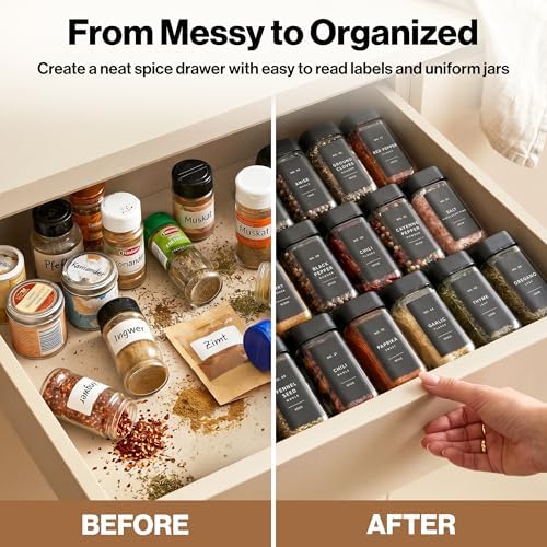 Glass Square Spice Jars with Label, 24x Black Sprinkle Lids
