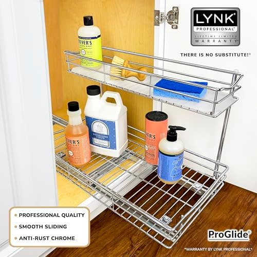 Pull Out Under Sink Kitchen Cabinet Organizer - 11.5 in. x 21 inch deep Drawer - Sliding Shelf Organizer for Cabinets and Undersink Storage Shelves - Lifetime Ltd. Warranty – Chrome
