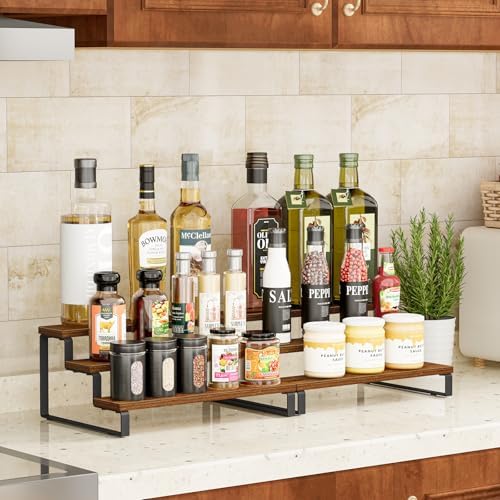 3-Tier Spice Rack, 13.8 Inch Wood Countertop Spice Storage Holder, Kitchen Pantry Cabinet Organizer Cupboard for Spice Bottles, Jars, Seasonings, Baking Supplies, Metal Frame(Set of 2)