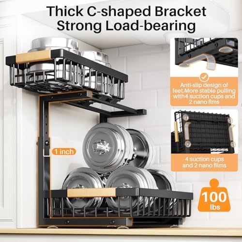 Under Sink Organizer, Adjustable Height, 2 Tier Pull Out Under Cabinet Organizer, Slide Out Thickened Metal Under Sink Storage for Kitchen Bathroom Laundry Pantry Cabinet, Black, Large-2-Pack
