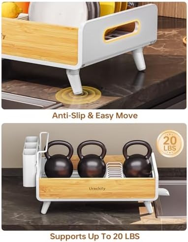Bamboo Dish Drying Rack for Kitchen Counter, Stainless Steel,White