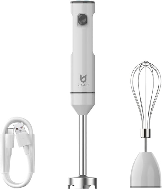 Cordless Hand Blender, UTALENT Variable Speed Immersion Blender handheld Rechargeable, with USB-C Charging Cable, Egg Whisk, for Smoothies, Milkshakes, Hummus and Soups – White
