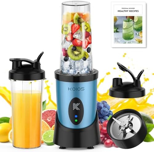 KOIOS Blender for Smoothies, Peak 900W Personal Blender for Kitchen Shakes and Smoothies, with 2×22oz Portable Cups and To-Go Lids, Detachable 4-Leaf Stainless Steel Blade, Nutrition Recipe, Blue by KOIOS