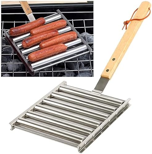 KAYCROWN Hot Dog Roller Sausage Rack with Extra Long Wood Handle, BBQ Griller For Evenly Cooked Dogs, 5 Capacity, Silver by KAYCROWN