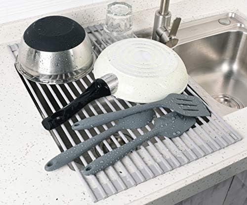 20.5 x 13.1 Inch Roll-Up Dish Drying Rack, Fits Across Sink Openings up to 19.5 Inches, Silicone-Covered Surface, Stainless Steel Core, Warm Gray