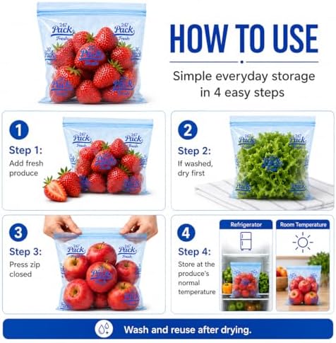 Freshpack 247 Reusable Produce Bags Size S 8 x 10 in, 0.5 Gallon Half Gallon 20 Pack Green Bags for Fruits and Vegetables, Food Storage Bags With Zipper, Helps Keep Produce Fresh, Pantry Meal Prep