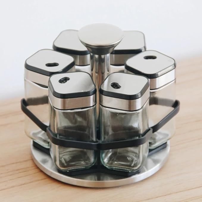 Rotating Spice Rack Organizer with 6 Glass Jars, Stainless Steel & Black Metal Stand, Space-Saving Countertop Spice Carousel, Modern Seasoning Storage Set for Kitchen, Home & Restaurant
