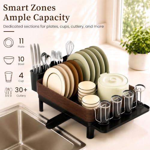 Dish Drying Rack Kitchen Counter — Walnut Look Stainless Steel, 16.6"x12.5"