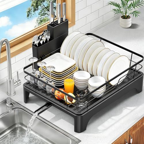 Large Dish Drying Rack with Automatic Dish Drying Rack for Kitchen Counter, Rustproof Stainless Steel Dish Drainer with Cutlery Holder, Over Sink Organizer (17" x 13.4", Black)