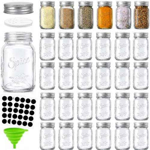 30 Pack 4 Oz Glass Mason Spice Jar with Shaker Lids& Labels, Empty Spice Bottle Mini Mason Jars with Airtight Metal Caps and Collapsible Funnel for Herbs & Spices