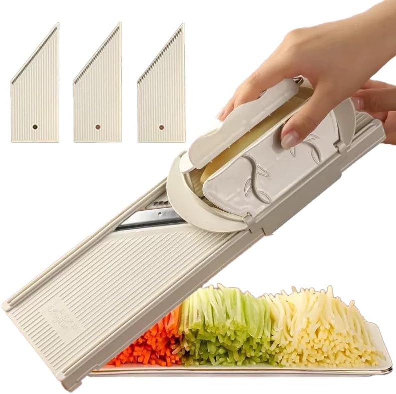 4-in-1 Vegetable Slicer & Grater - Dual-Guard Hand Protector with 4 Sharp Blade, Safe Mandoline for Potato, Carrot, Cucumber (White) by Unknown