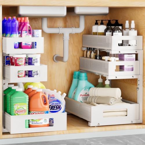 Under Sink Organizer, Pull Out Under Kitchen Sink Organizers, 2 Pack 3 Tier