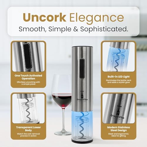 GrapeVibeEssentials 5-in-1 Electric Wine Opener gift Set – Rechargeable Automatic Wine Bottle Opener with Charging Base, Foil Cutter, Aerator Pourer & Vacuum Stoppers