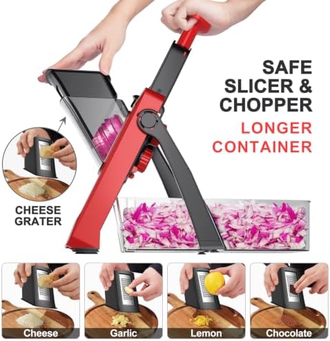 SupMaKin Safe Mandoline Slicer for Kitchen,Pptato Slicer, Vegetable Onion Chopper, French Fry Cutter, Adjustable Thickness, Julienne & Dicer Salad Chopping Artifact (4V RED) - Image 2