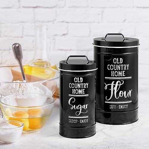Black Canisters Sets for the Kitchen, Airtight Kitchen Canisters for Countertop, Flour and Sugar Containers, Tea Coffee Sugar Canister Set, Black Kitchen Decor and Accessories, Set of 4