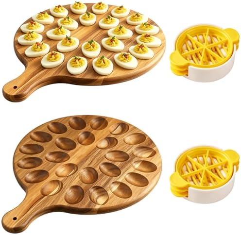 2 Pcs Quality Acacia Wood Egg Holders with Slicers, Sturdy 24 Holes Wooden Deviled Egg Platter with Handle for Refrigerator, Kitchen Counter, Gatherings, Camping & Picnic
