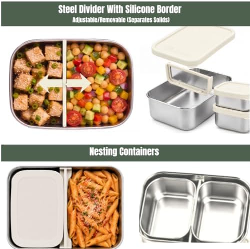 Flexibento Stainless steel Lunch Box Container Set, bento Box set (Vanilla, Medium set Of Three: 40 OZ + 2 * 9 OZ)