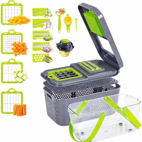 22-in-1 Multifunctional Vegetable Slicer Chopper with Container, Manual Food Dicer Set, Green and Gray, Includes Peeler and Grater Blades by Unknown