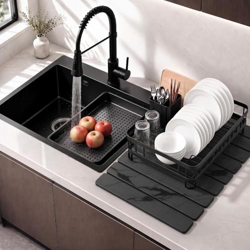 Large Stone Dish Drying Mat for Kitchen Counter, Quick Dry Stone Dish/Bath Mat, Foldable Water Absorbing Diatomaceous Earth Mat, Kitchen Bathroom Organizer Decor Gifts for Women (Dark Gray 24"×16")