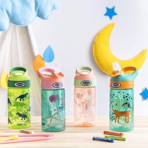 16oz Riverside Kids Water Bottle with Spout Cover and Built-in Carrying Loop, Made of Durable Plastic, Leak-Proof Water Bottle Design for Travel (Dino Camo & Safari, Pack of 2)