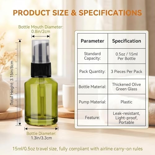 3pcs 0.5oz Glass Lotion Pump Bottles, Green Refillable Travel Bottles - Image 2
