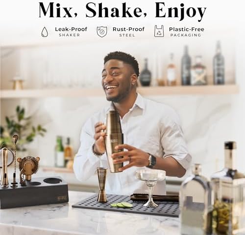 Mixology Bartender Kit Bar Set | 14-Piece Cocktail Shaker Set | Martini Barware Mixing Tools for Home Bartending | Incl. 35 Recipe Cards | Gift Set (28oz Boston Shaker, Brass/Black)
