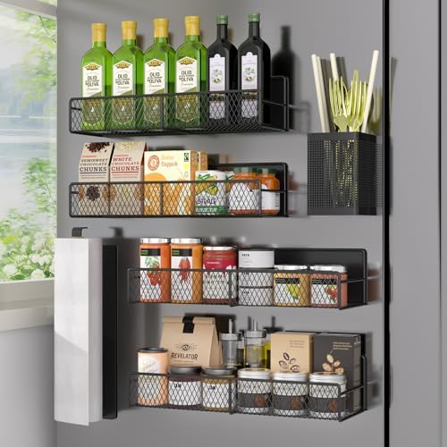 Magnetic Spice Rack for Refrigerator, 6 Pack 100% Metal Strong Magnet Shelf Black, Space Saving Spice Organizer, Home Kitchen Laundry Room Storage Organization W/ Paper Towel Holder, Utensils Racks