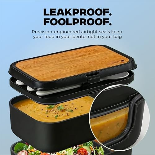 67oz Bento Box Adult, Leak-Proof, Stackable, Meal Prep, Black