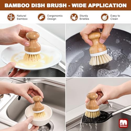 Dish Soap Dispenser, 16 Oz Kitchen Soap Dispenser Set with Ceramic Tray & Bamboo Brush, 2 Pack Thick Amber Glass Soap Dispenser, Farmhouse Refillable Hand and Dish Liquid Soap Pump Bottle Set
