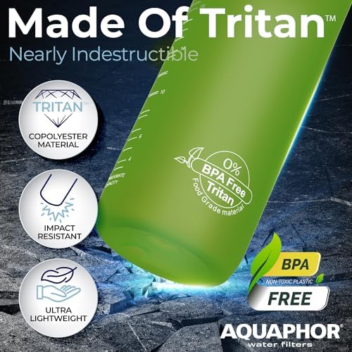 Filtered Water Bottle, Leakproof, BPA-Free, Motivational Markings, Travel, Everyday Use. 40-Gallon Filter, Replaces 300 Plastic Water Bottles. Includes 1 Filter, 22 FL Oz, Green by Aquaphor